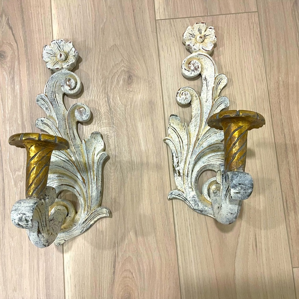 Vintage French Country Acanthus Leaf/ Floral Wood Wall Candlestick Sconces